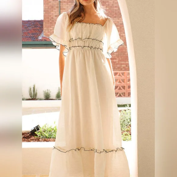 Flutter Sleeve Ruffled Empire Waist Square Neck Contrast Trim Tiered Maxi Dress - Picture 5 of 14